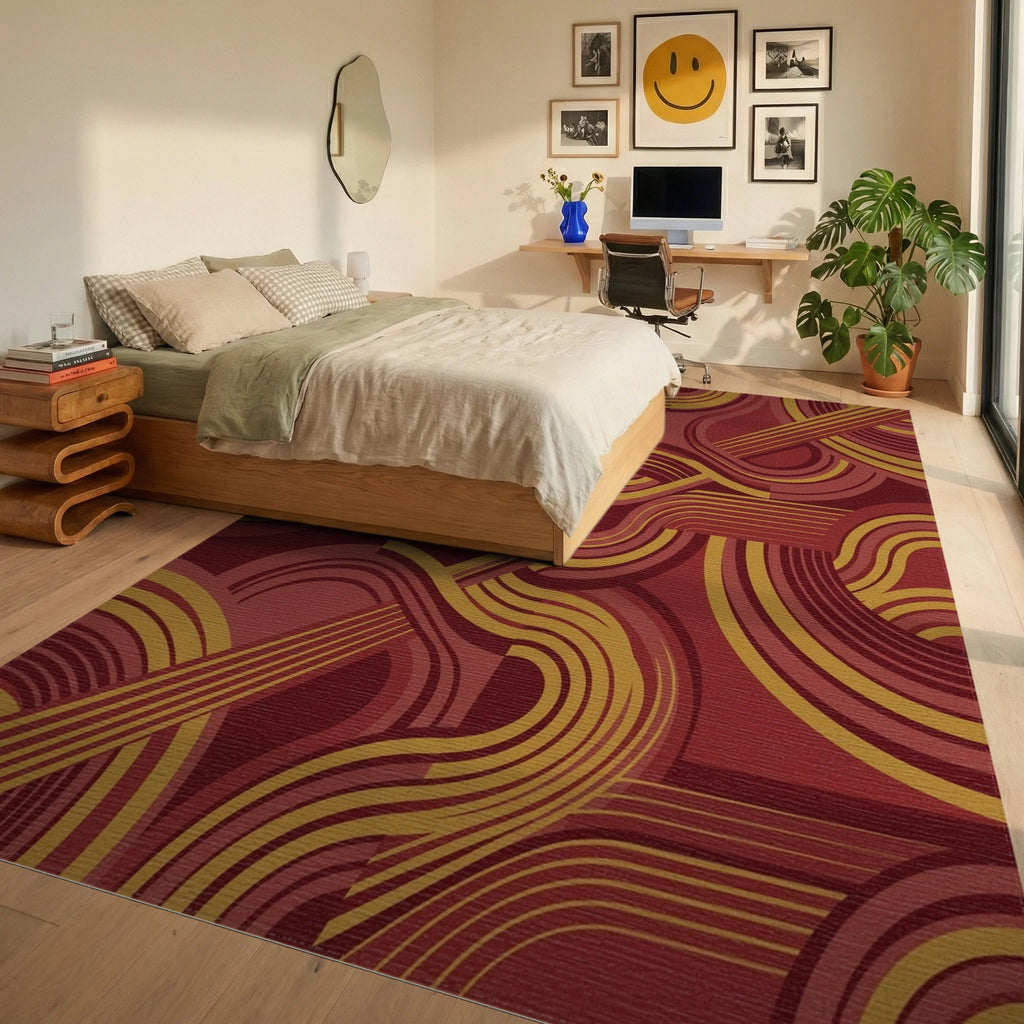 Crimson Gold Swirl Mid Century Rug Bedroom View