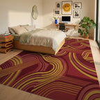 Crimson Gold Swirl Mid Century Rug Bedroom View