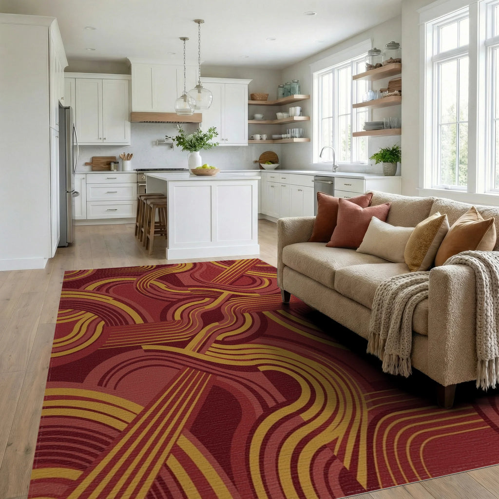 Crimson Gold Swirl Mid Century Rug Living Room View