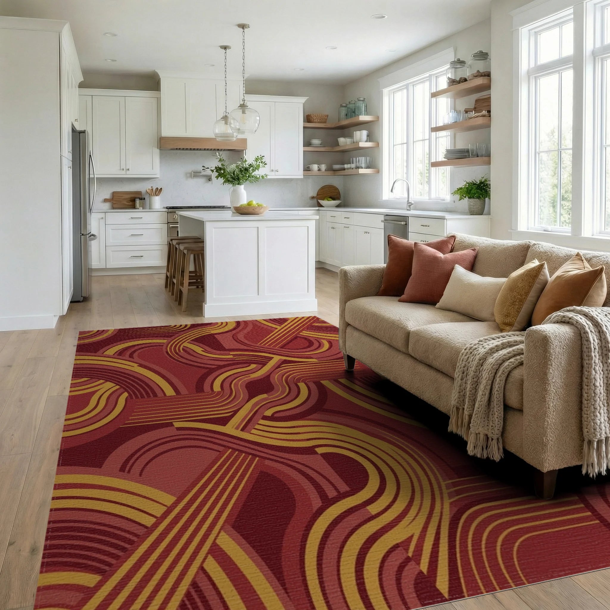 Crimson Gold Swirl Mid Century Rug Living Room View
