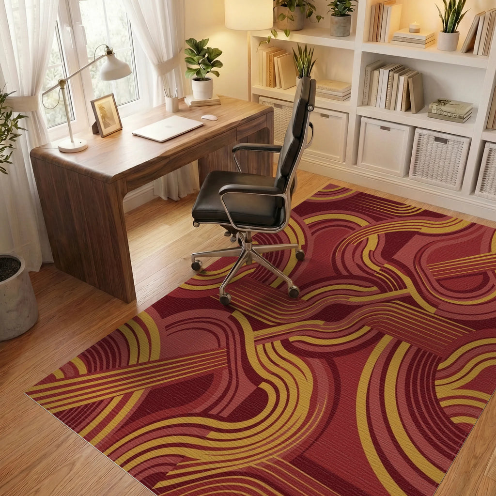 Crimson Gold Swirl Mid Century Rug Office View