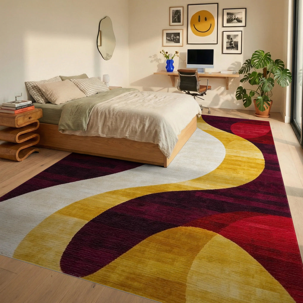 Crimson Gold White Abstract Swirl Rug - Bedroom View