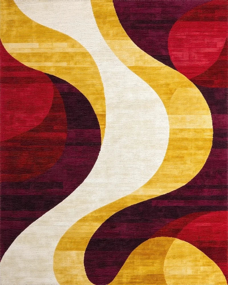 Crimson Gold White Abstract Swirl Rug - Cutout View
