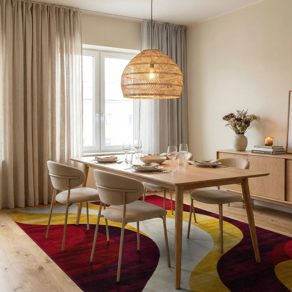 Crimson Gold White Abstract Swirl Rug - Dining Room View