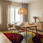 Crimson Gold White Abstract Swirl Rug - Dining Room View