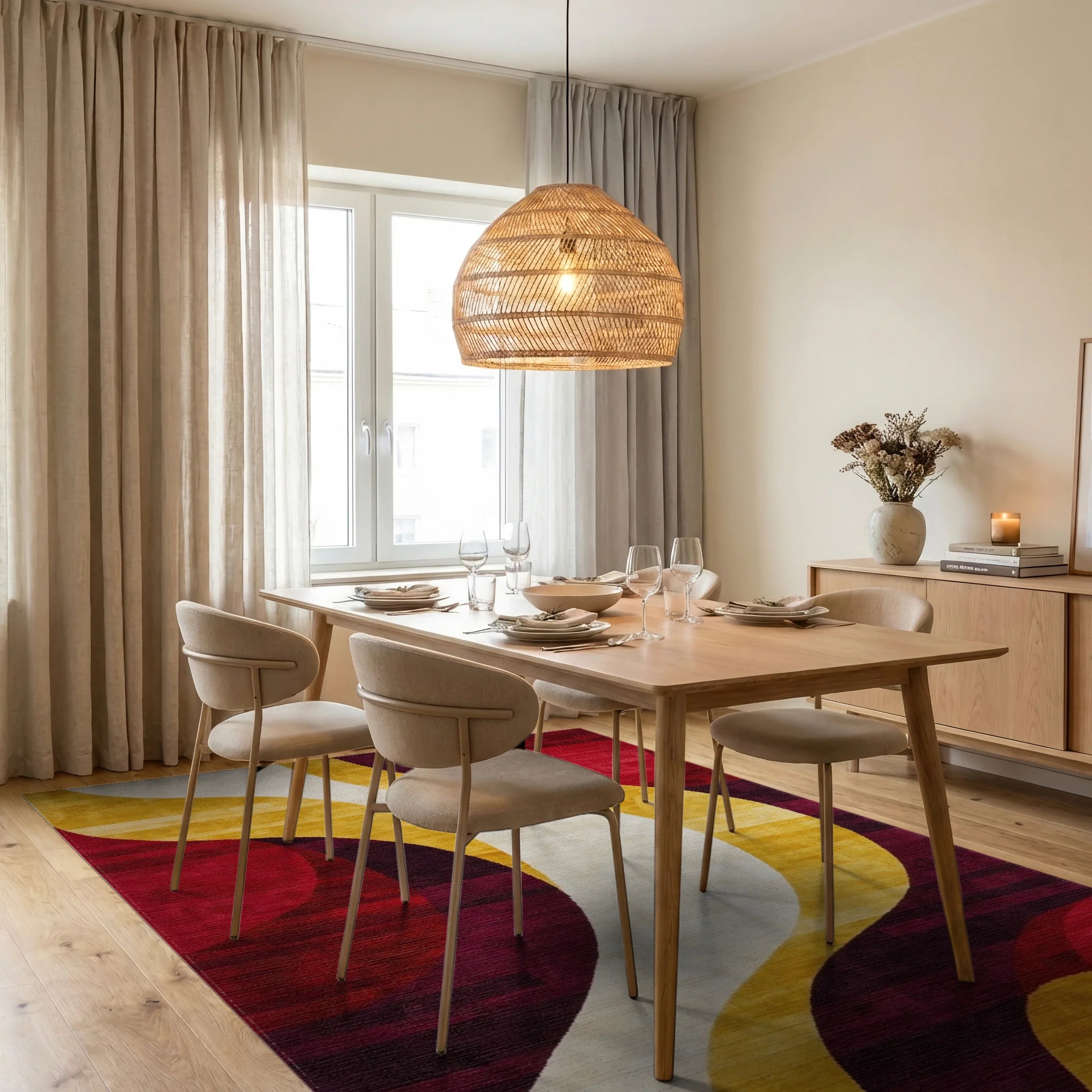 Crimson Gold White Abstract Swirl Rug - Dining Room View