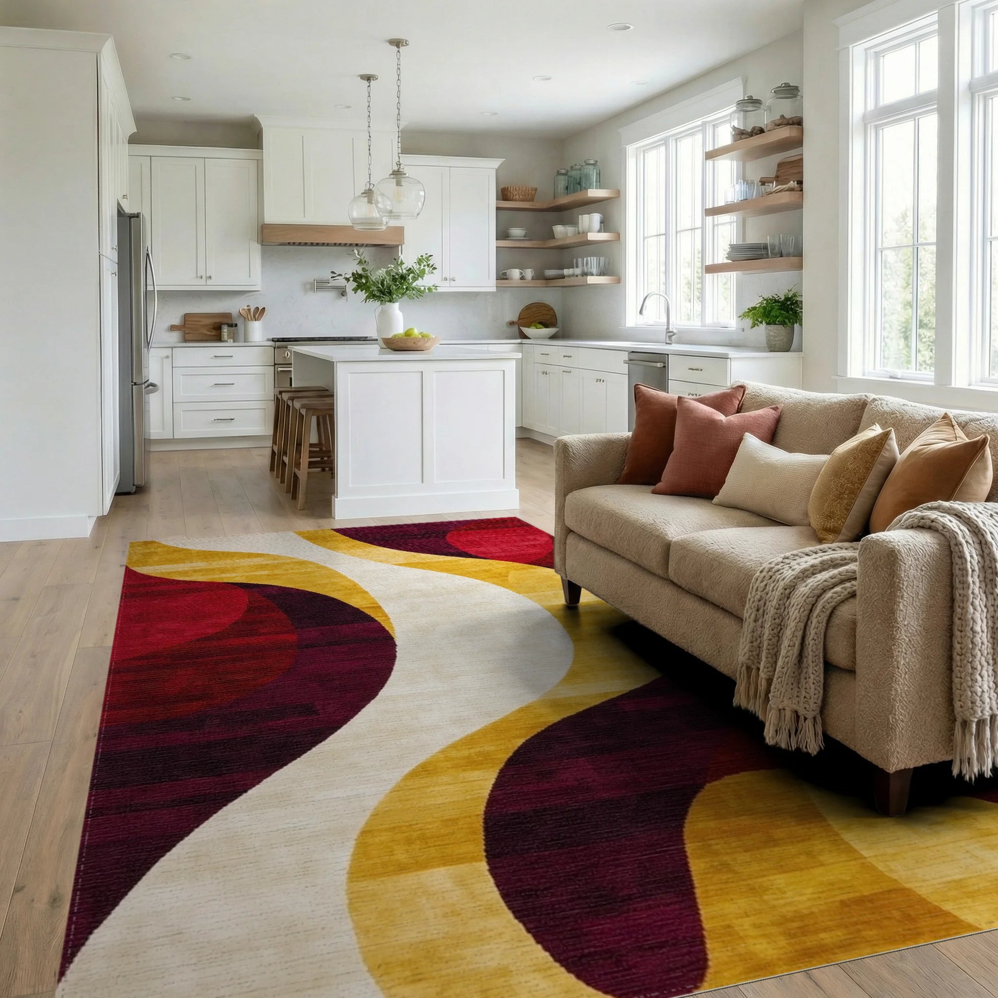 Crimson Gold White Abstract Swirl Rug - Living Room View