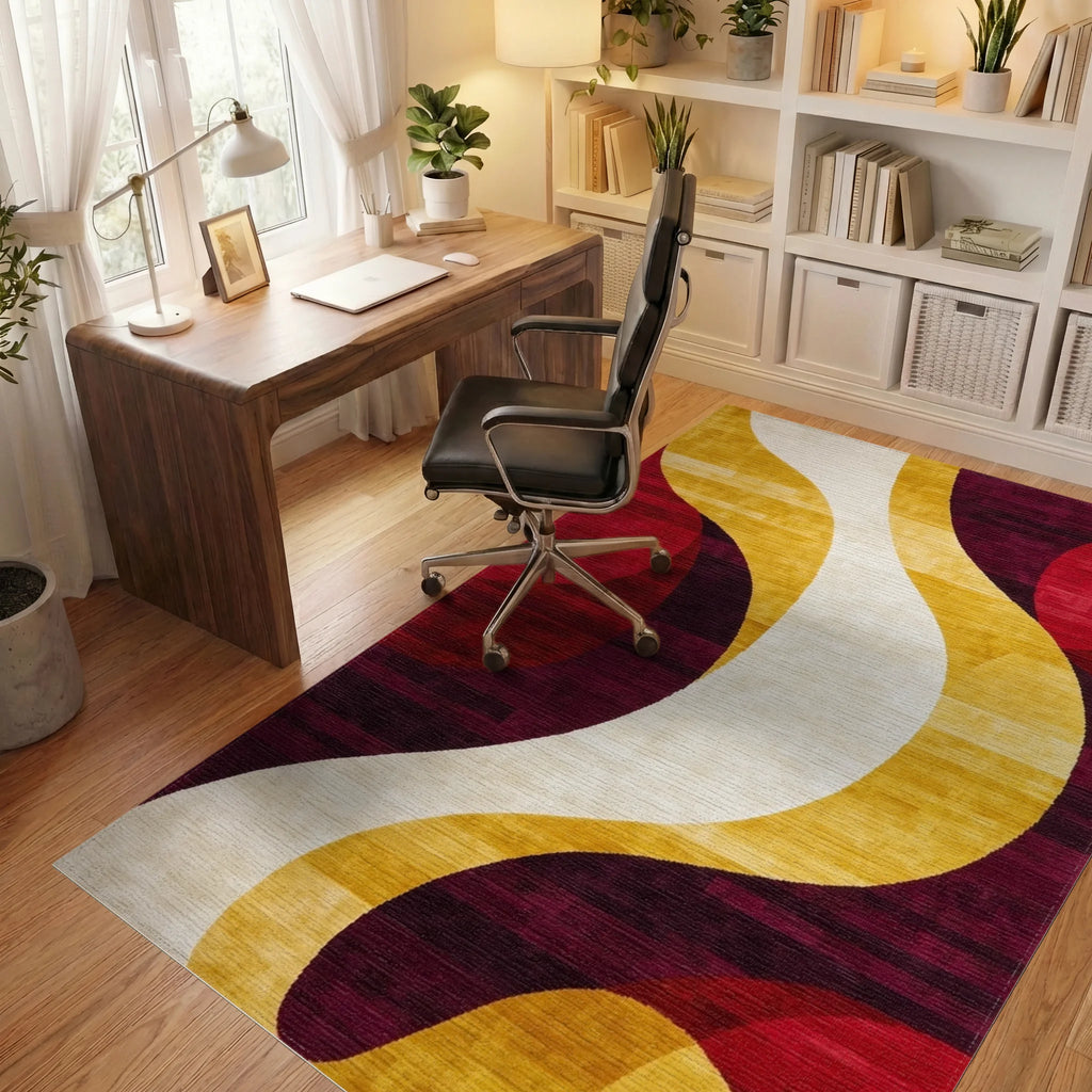 Crimson Gold White Abstract Swirl Rug - Office View