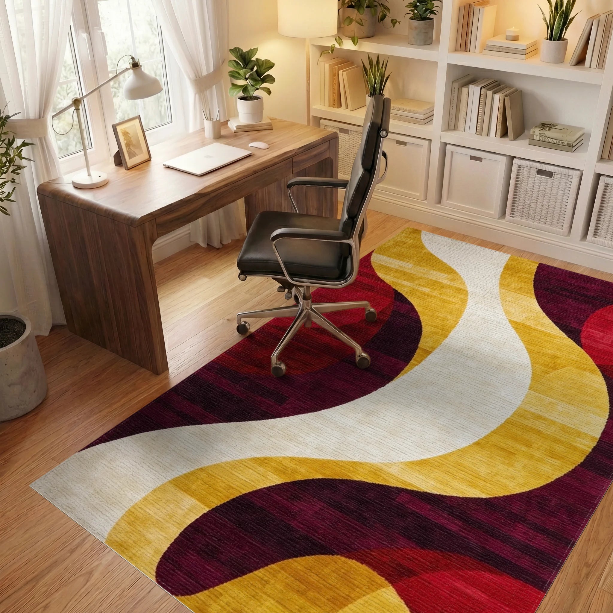 Crimson Gold White Abstract Swirl Rug - Office View