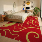 Crimson Golden Swirl Abstract Rug - Bedroom View