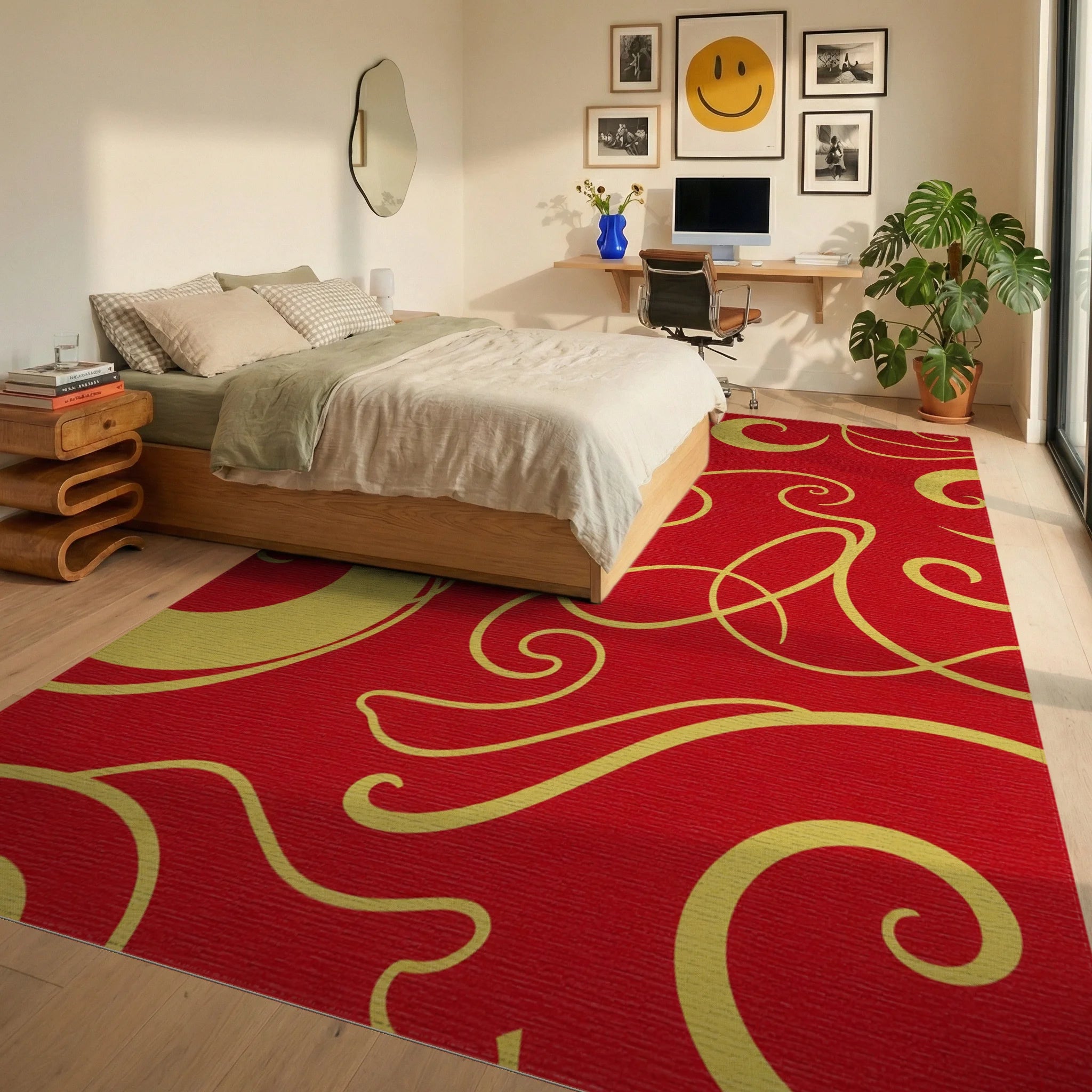 Crimson Golden Swirl Abstract Rug - Bedroom View
