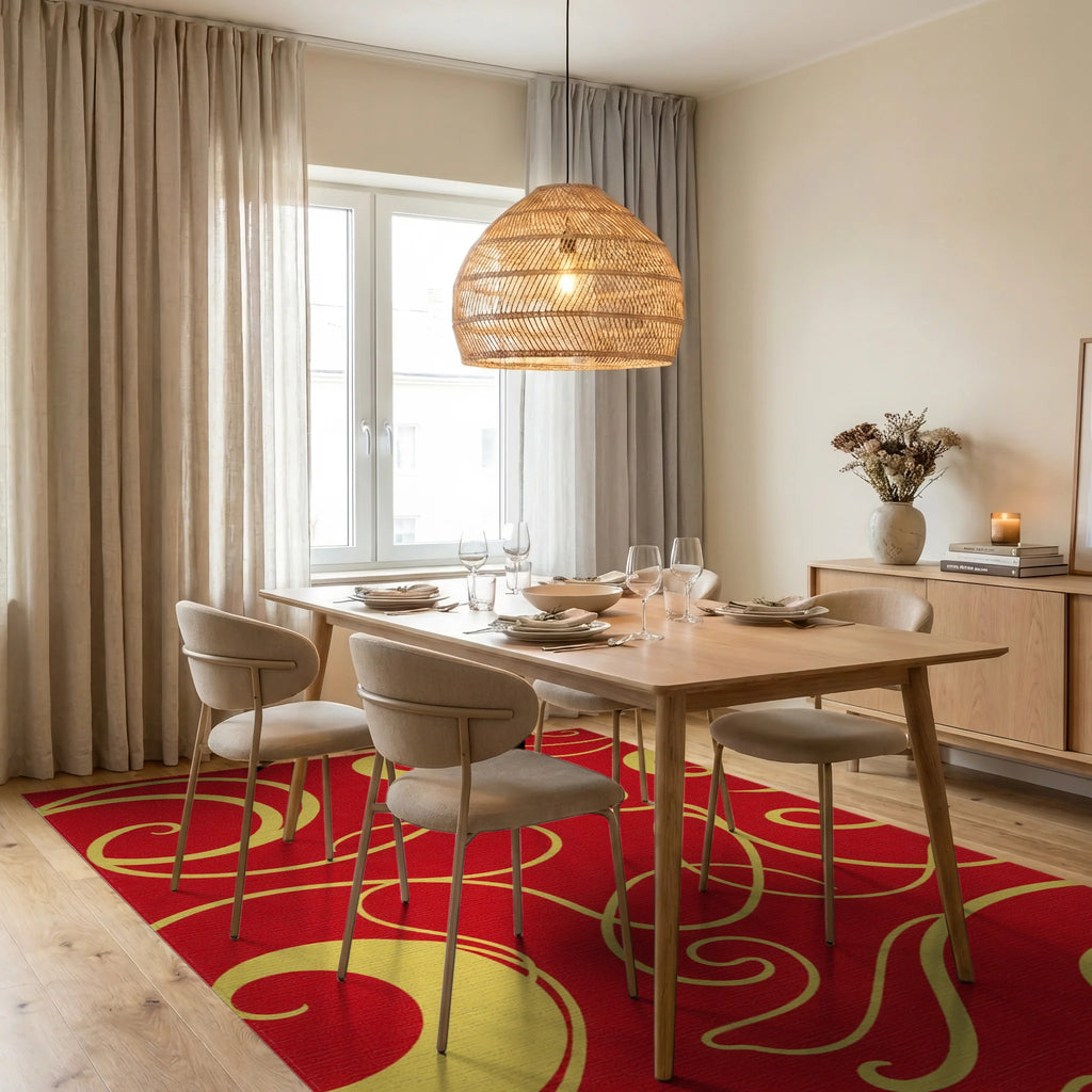 Crimson Golden Swirl Abstract Rug - Dining Room View
