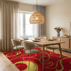 Crimson Golden Swirl Abstract Rug - Dining Room View