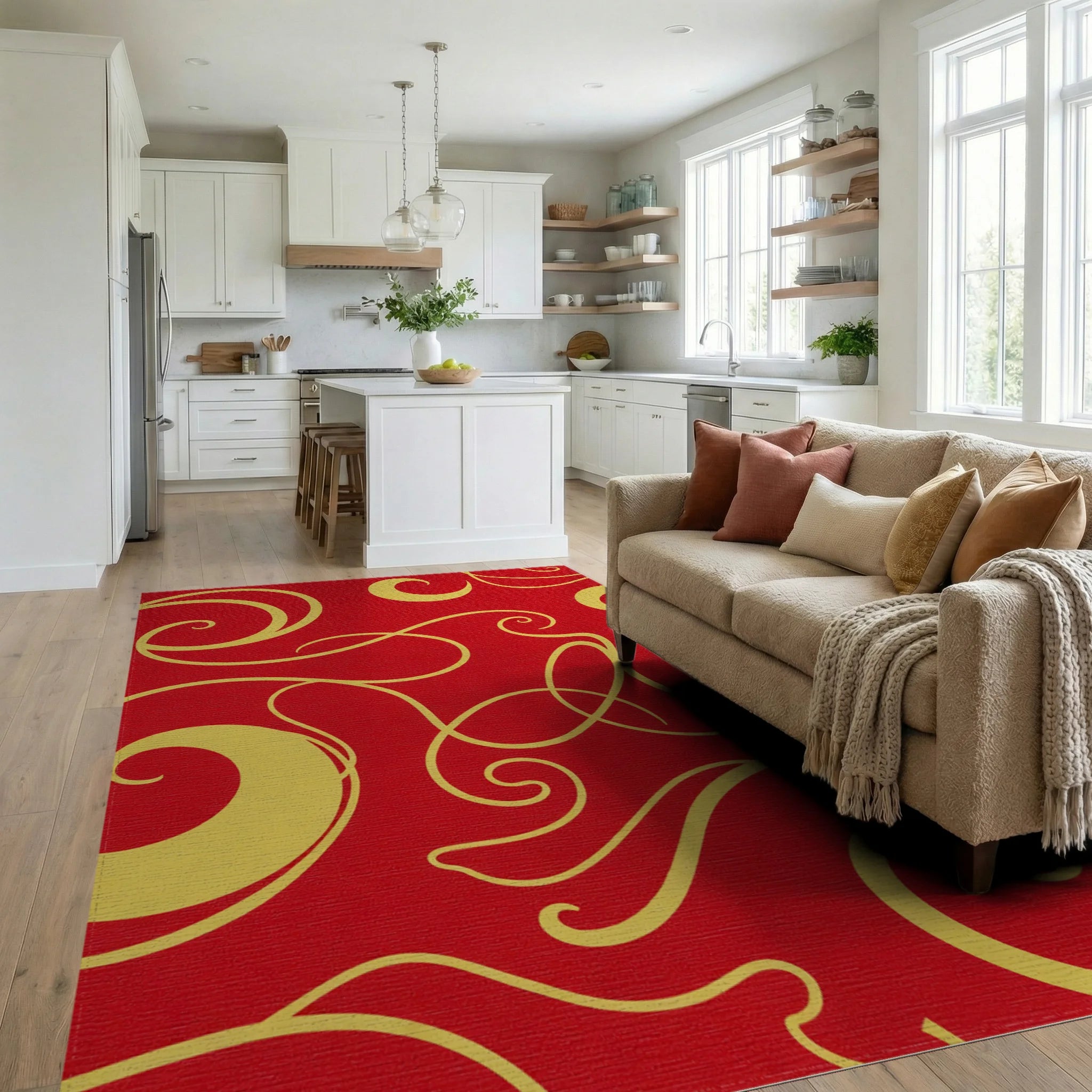 Crimson Golden Swirl Abstract Rug - Living Room View