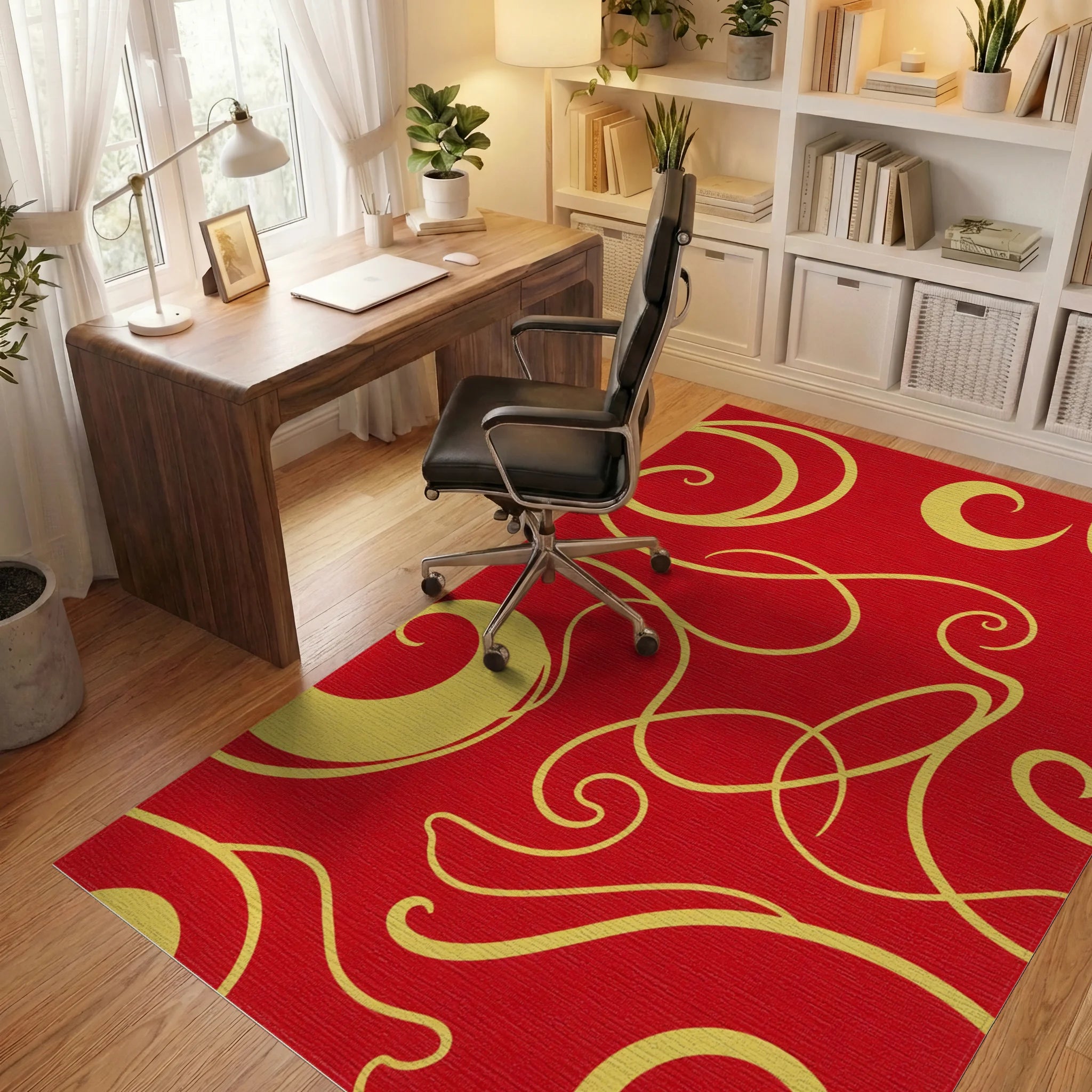 Crimson Golden Swirl Abstract Rug - Office View