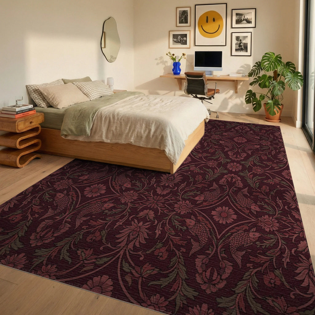 Crimson Koi Fish Floral Lattice Rug Bedroom View