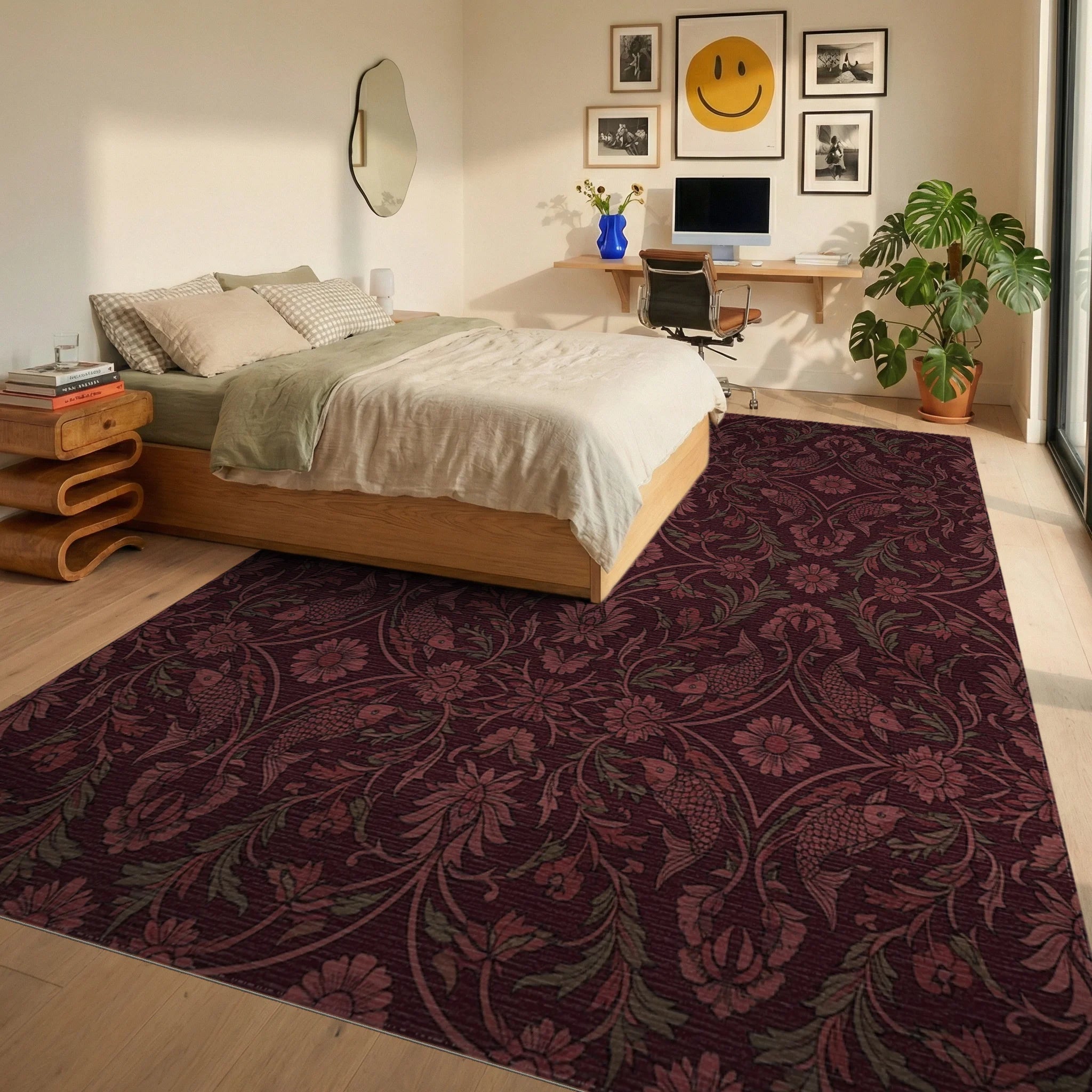 Crimson Koi Fish Floral Lattice Rug Bedroom View