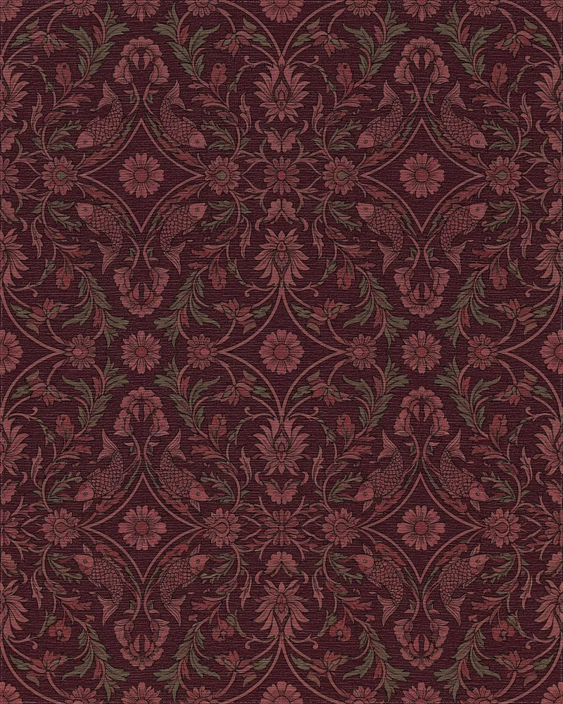 Crimson Koi Fish Floral Lattice Rug - Cutout View