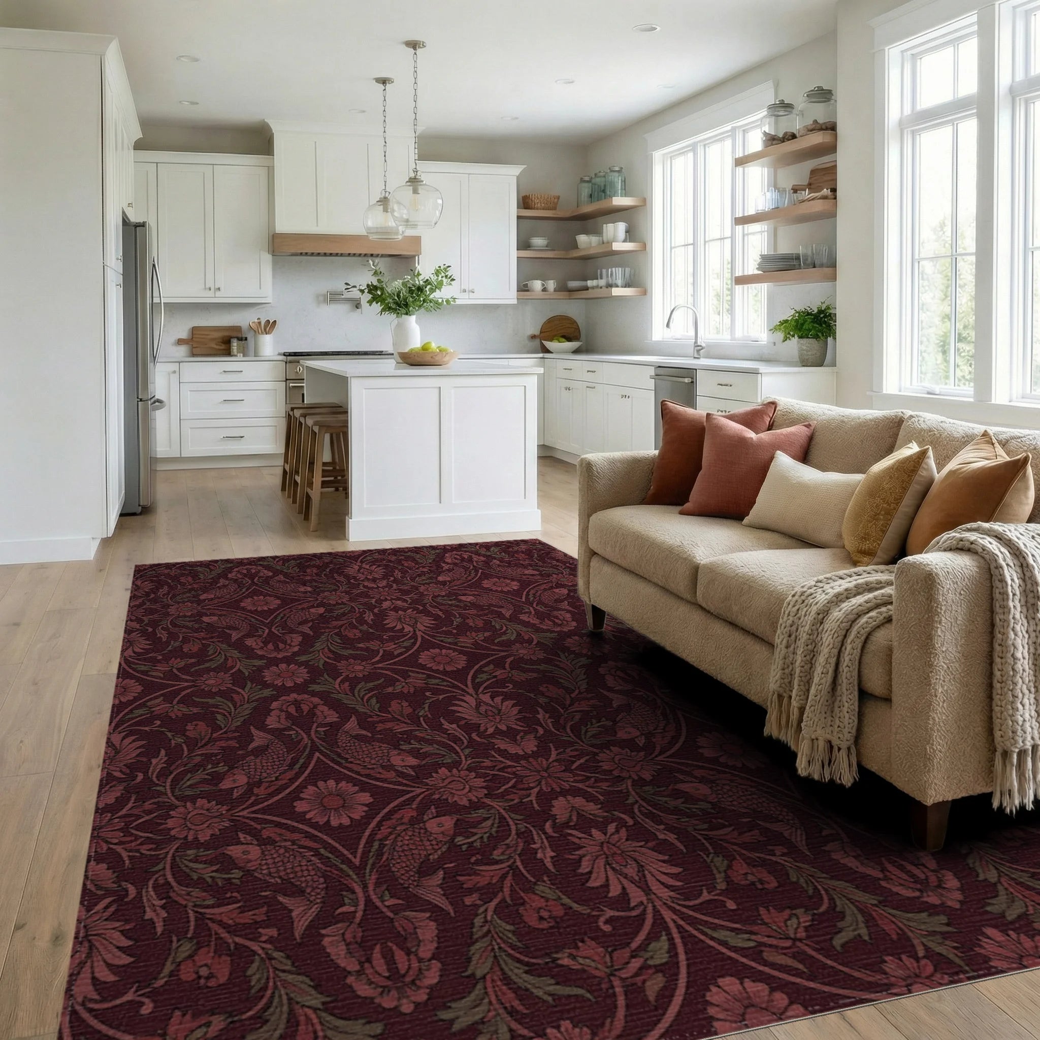 Crimson Koi Fish Floral Lattice Rug Living Room View