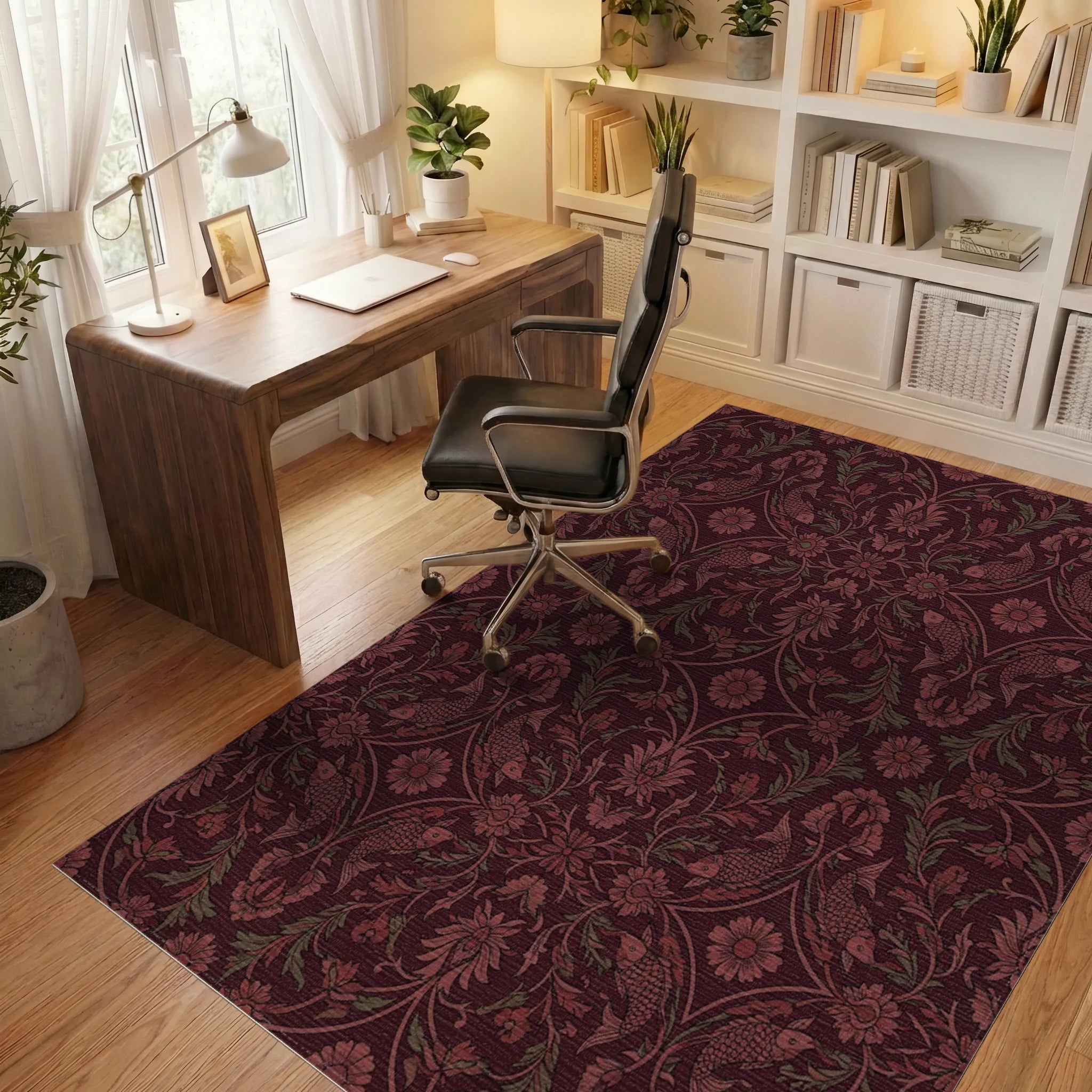 Crimson Koi Fish Floral Lattice Rug Office View