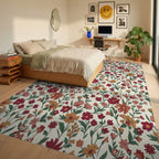 Crimson Orange Floral Blossom Field Rug Bedroom View