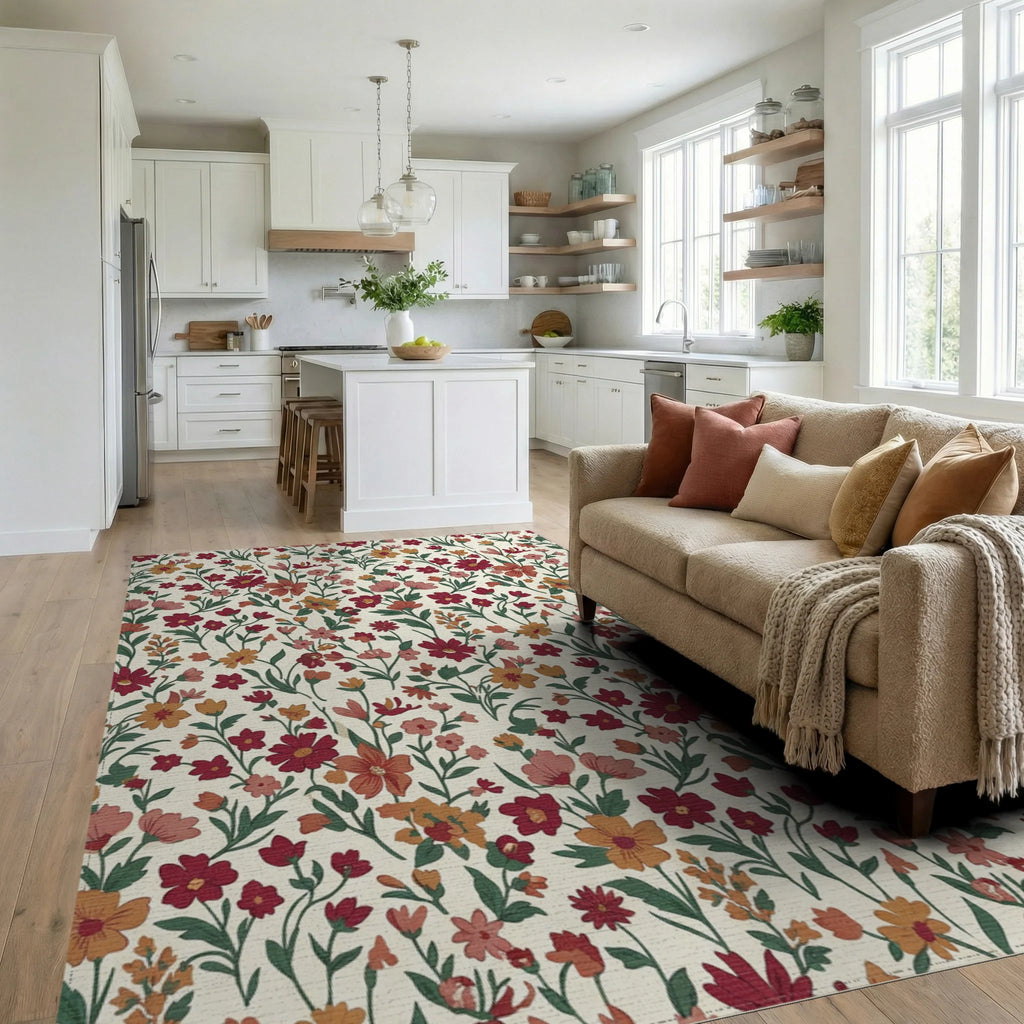 Crimson Orange Floral Blossom Field Rug Living Room View