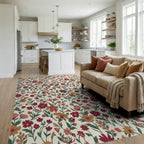 Crimson Orange Floral Blossom Field Rug Living Room View