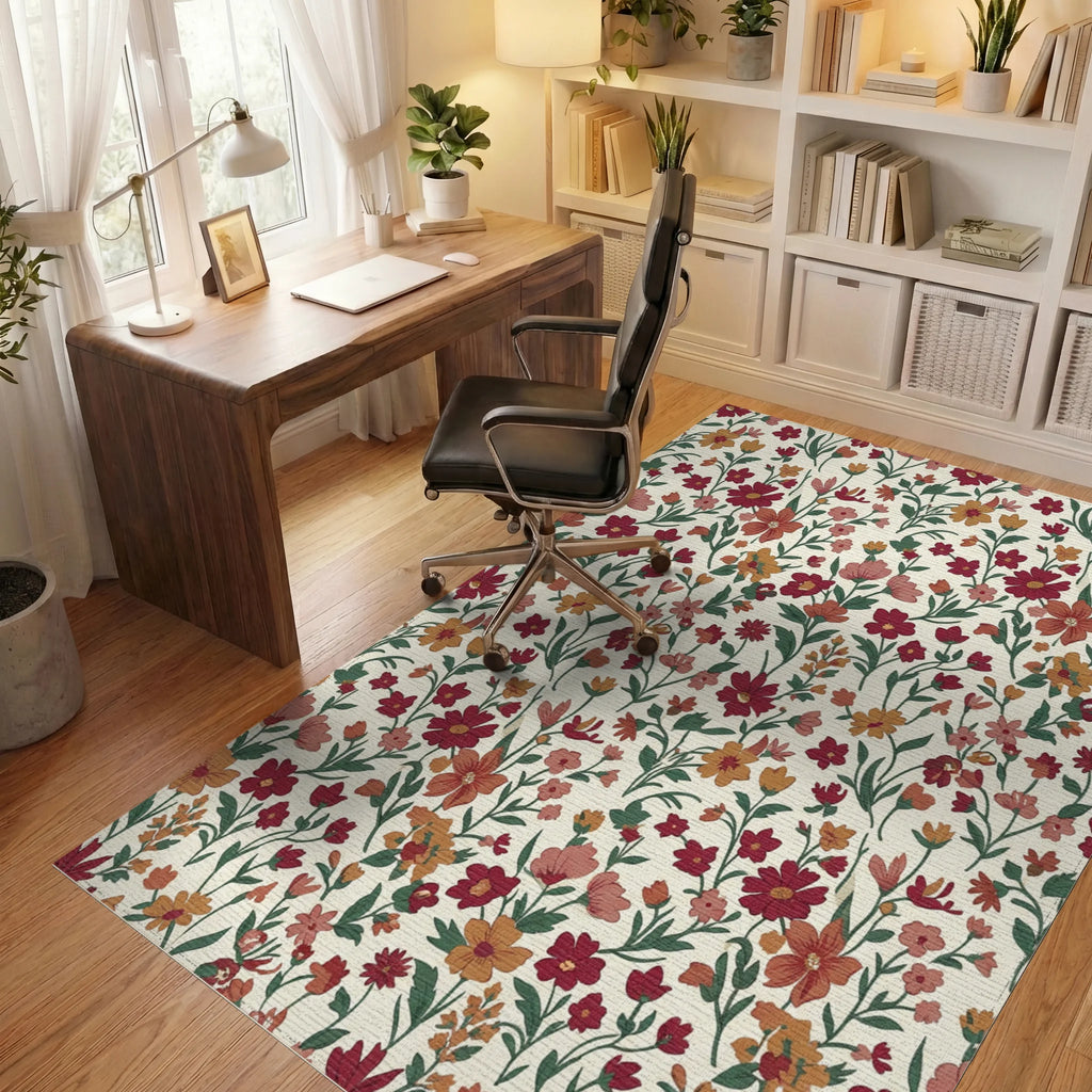 Crimson Orange Floral Blossom Field Rug Office View