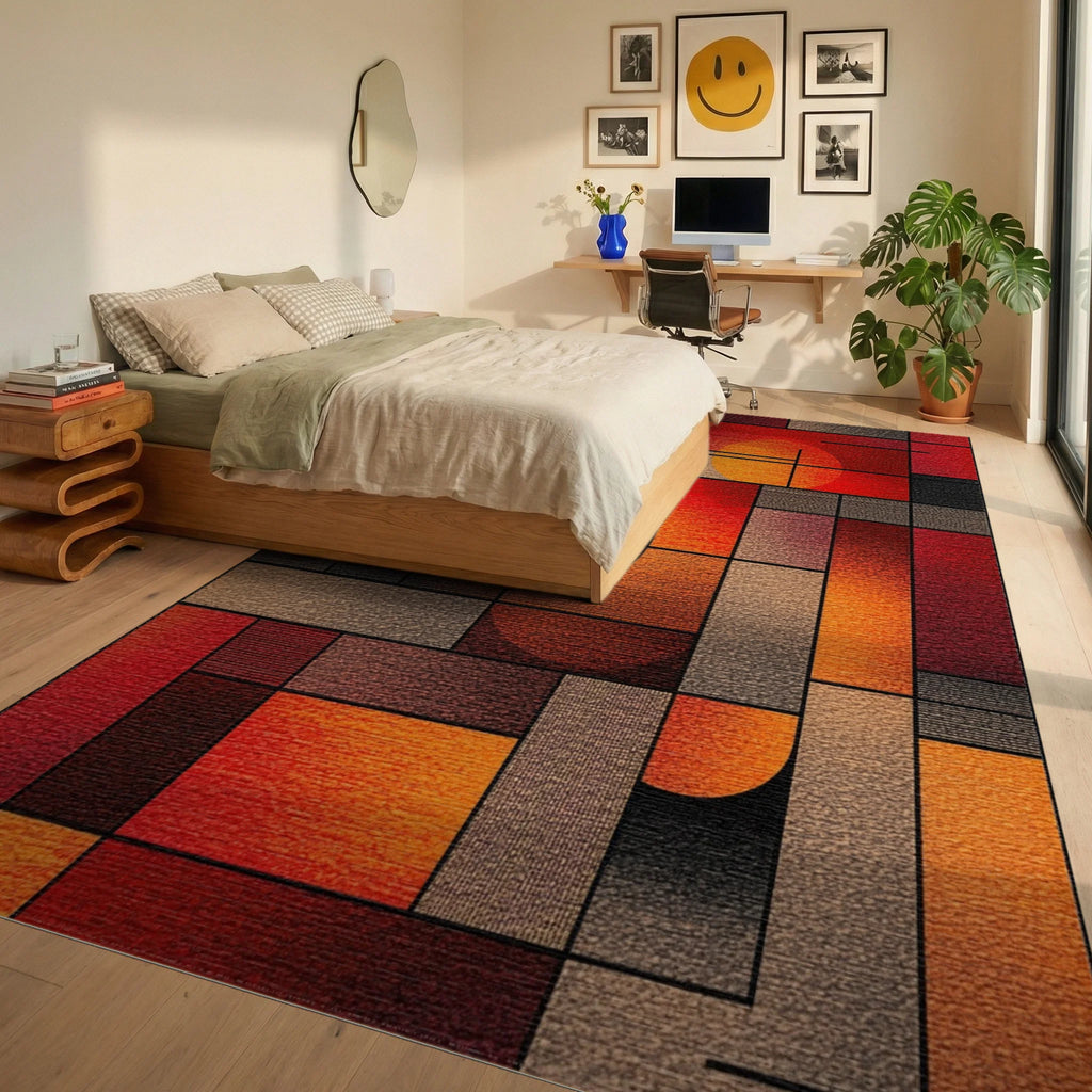 Crimson Orange Geometric Abstract Rug - Bedroom View