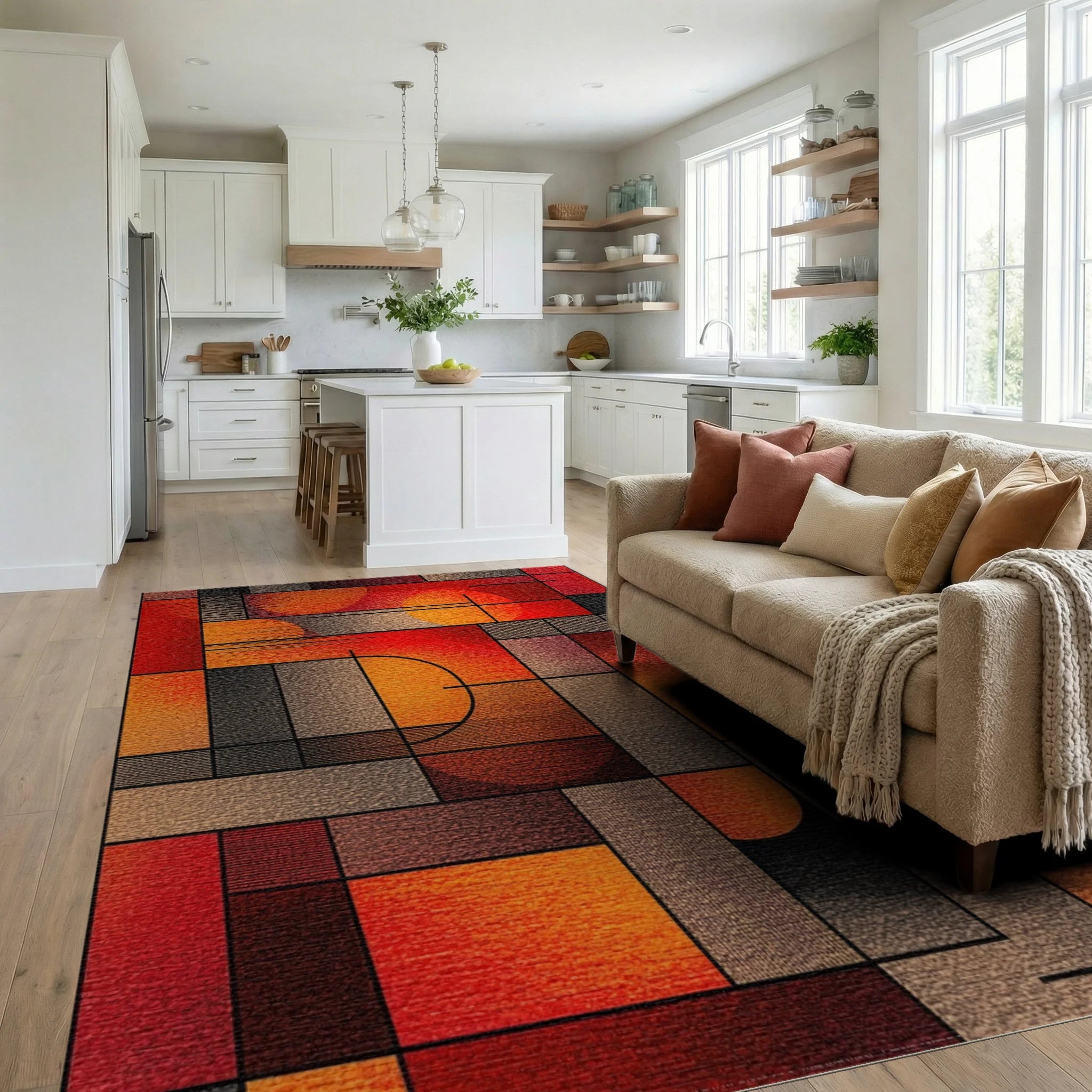 Crimson Orange Geometric Abstract Rug - Living Room View