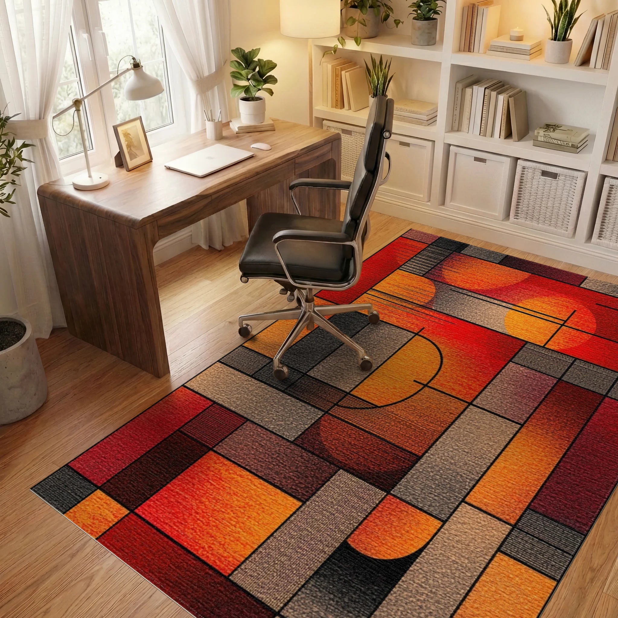 Crimson Orange Geometric Abstract Rug - Office View