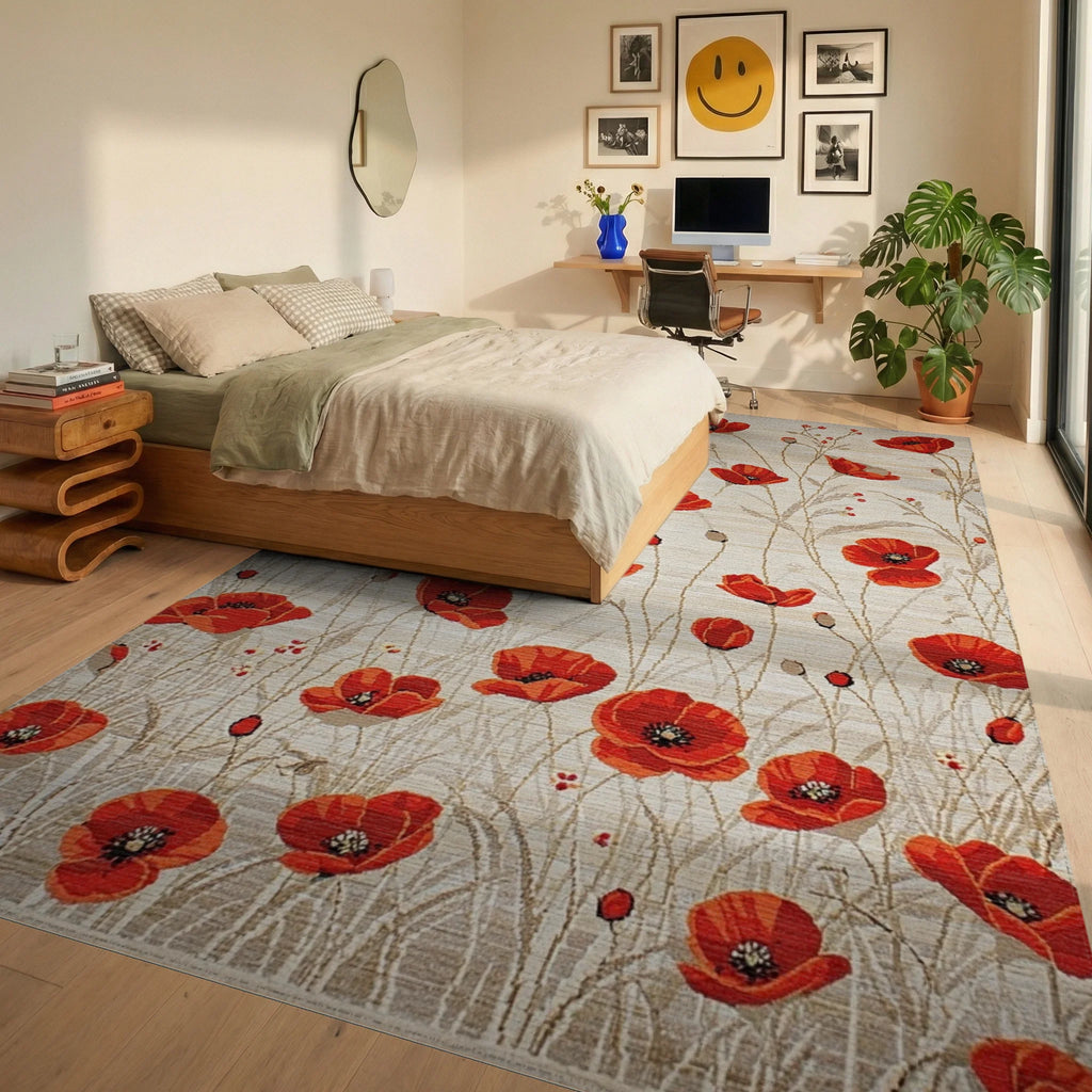 Crimson Poppy Field Botanical Rug - Bedroom View