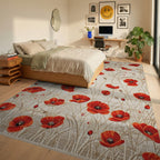 Crimson Poppy Field Botanical Rug - Bedroom View