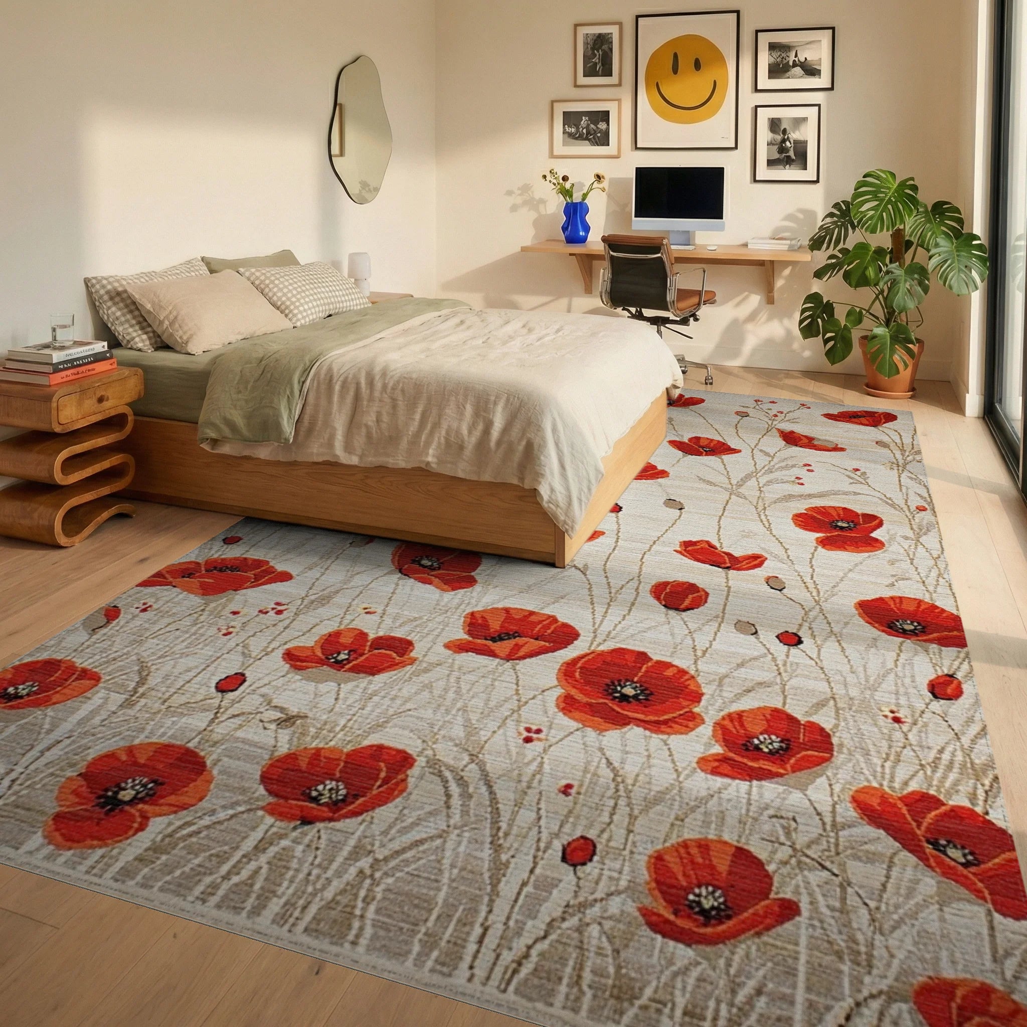 Crimson Poppy Field Botanical Rug - Bedroom View
