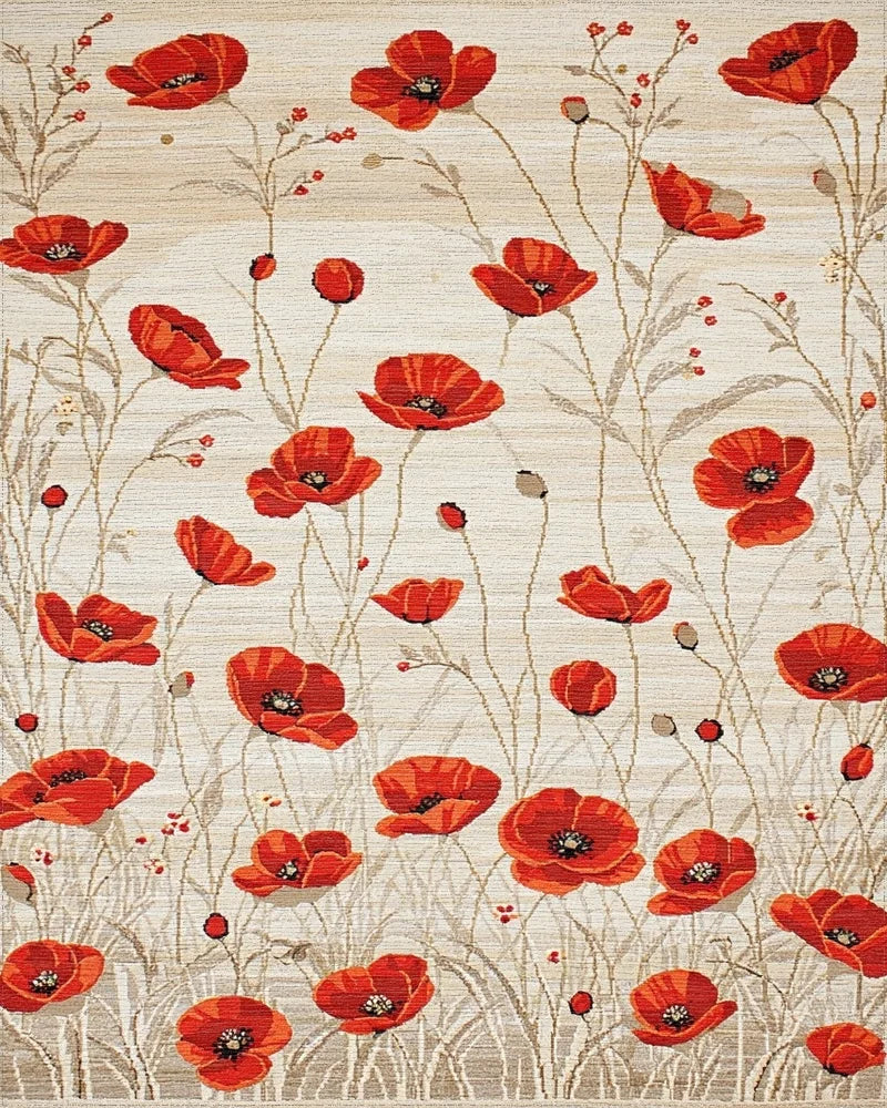 Crimson Poppy Field Botanical Rug - Cutout View