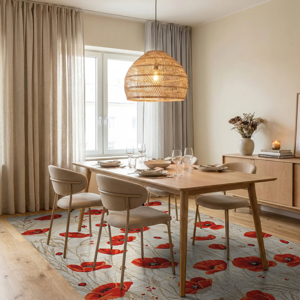 Crimson Poppy Field Botanical Rug - Dining Room View