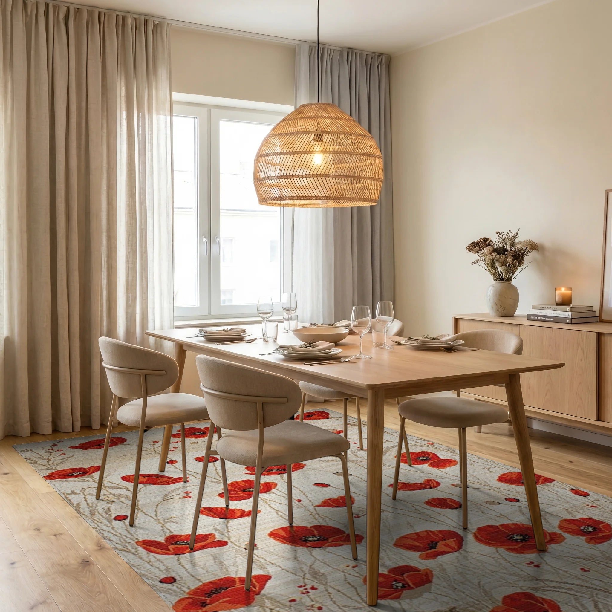 Crimson Poppy Field Botanical Rug - Dining Room View