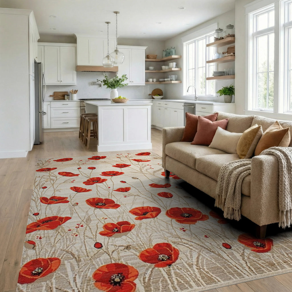Crimson Poppy Field Botanical Rug - Living Room View
