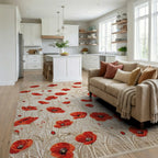 Crimson Poppy Field Botanical Rug - Living Room View