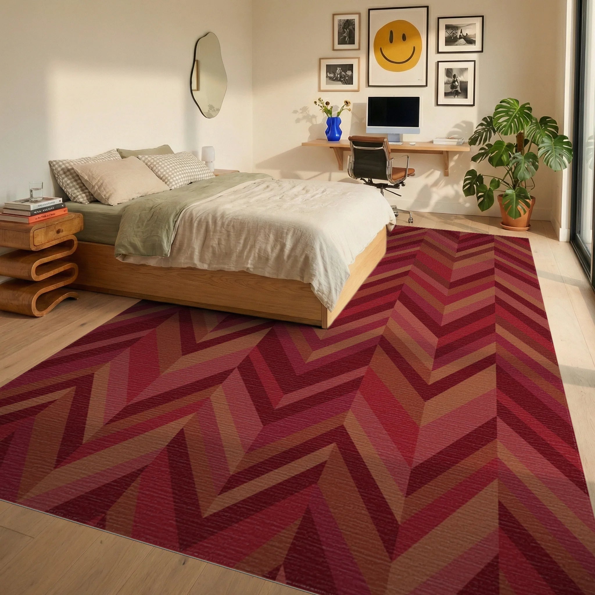 Crimson Red Chevron Stripe Rug Bedroom View