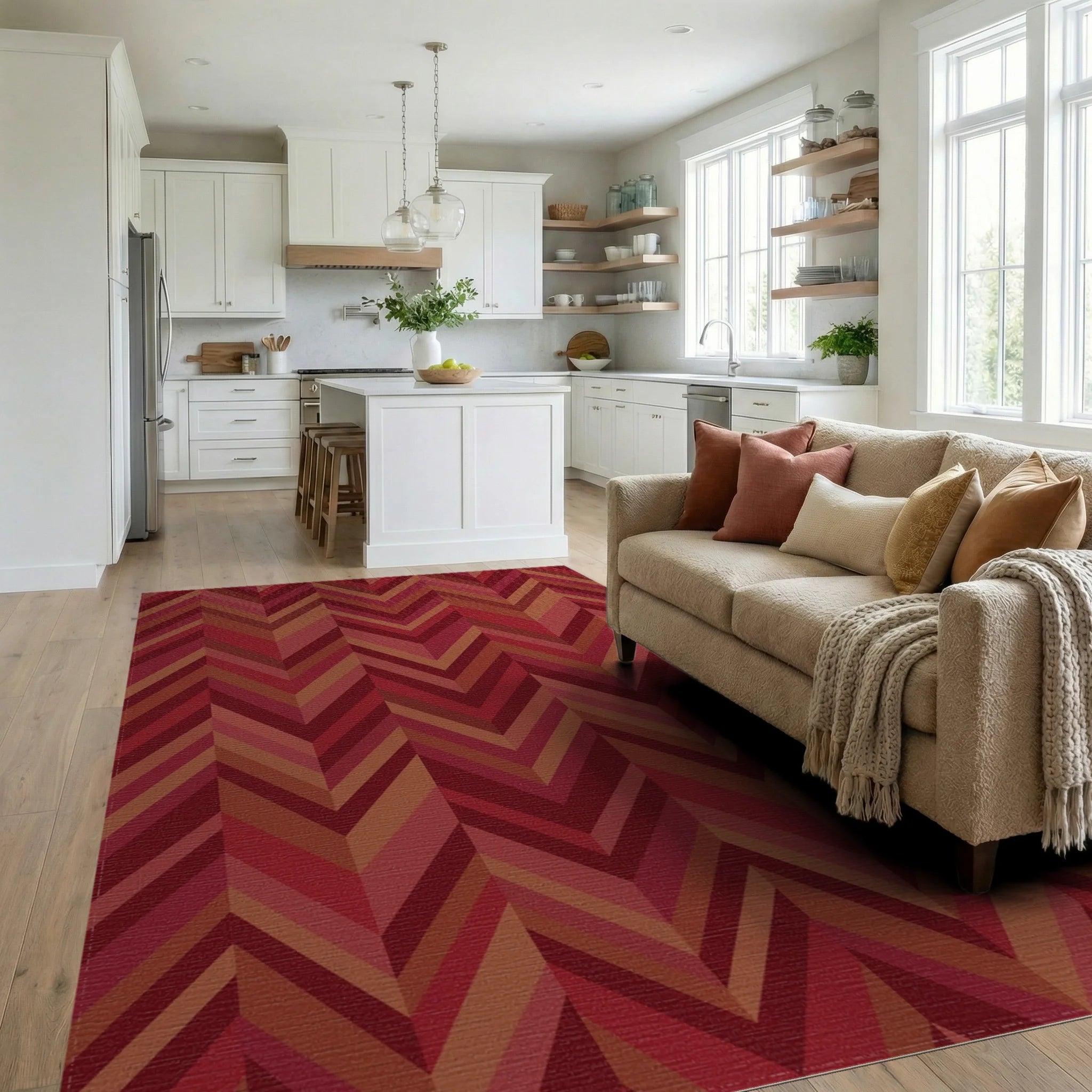 Crimson Red Chevron Stripe Rug Living Room View