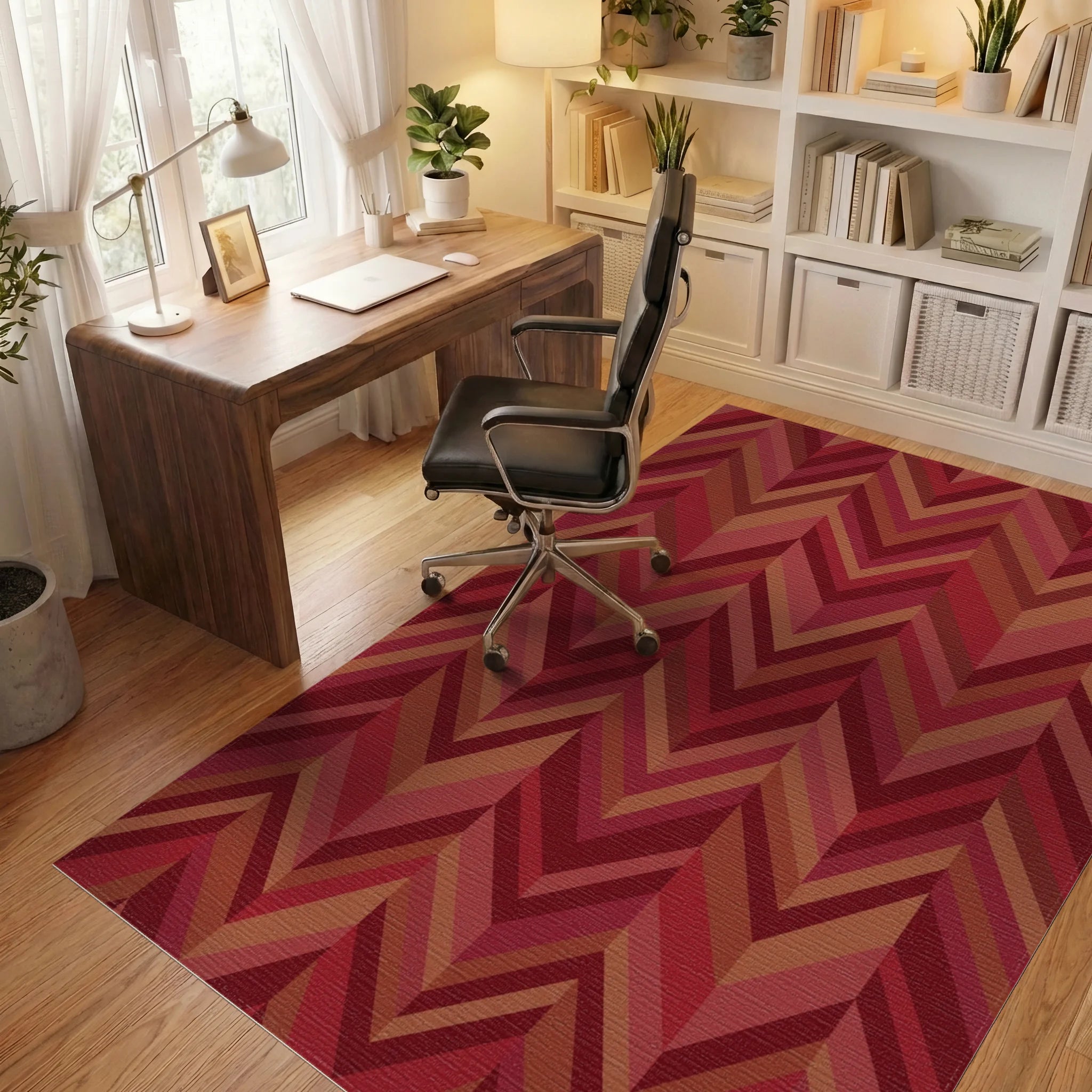 Crimson Red Chevron Stripe Rug Office View