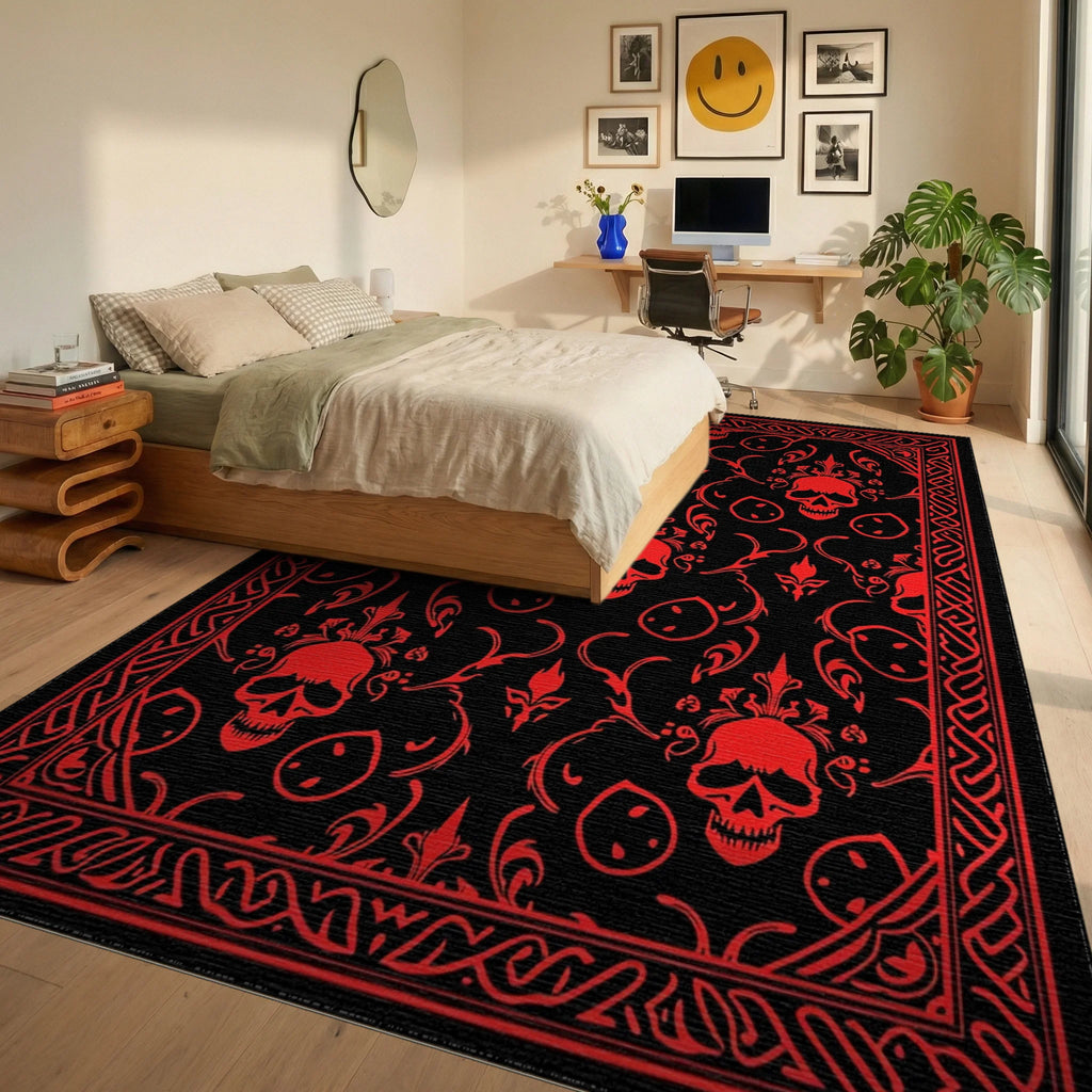 Crimson Skull Floral Damask Border Rug Bedroom View