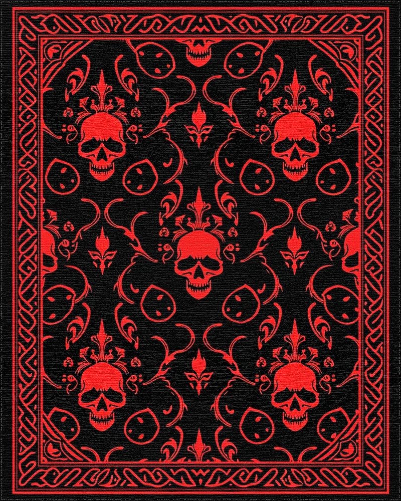 Crimson Skull Floral Damask Border Rug - Cutout View