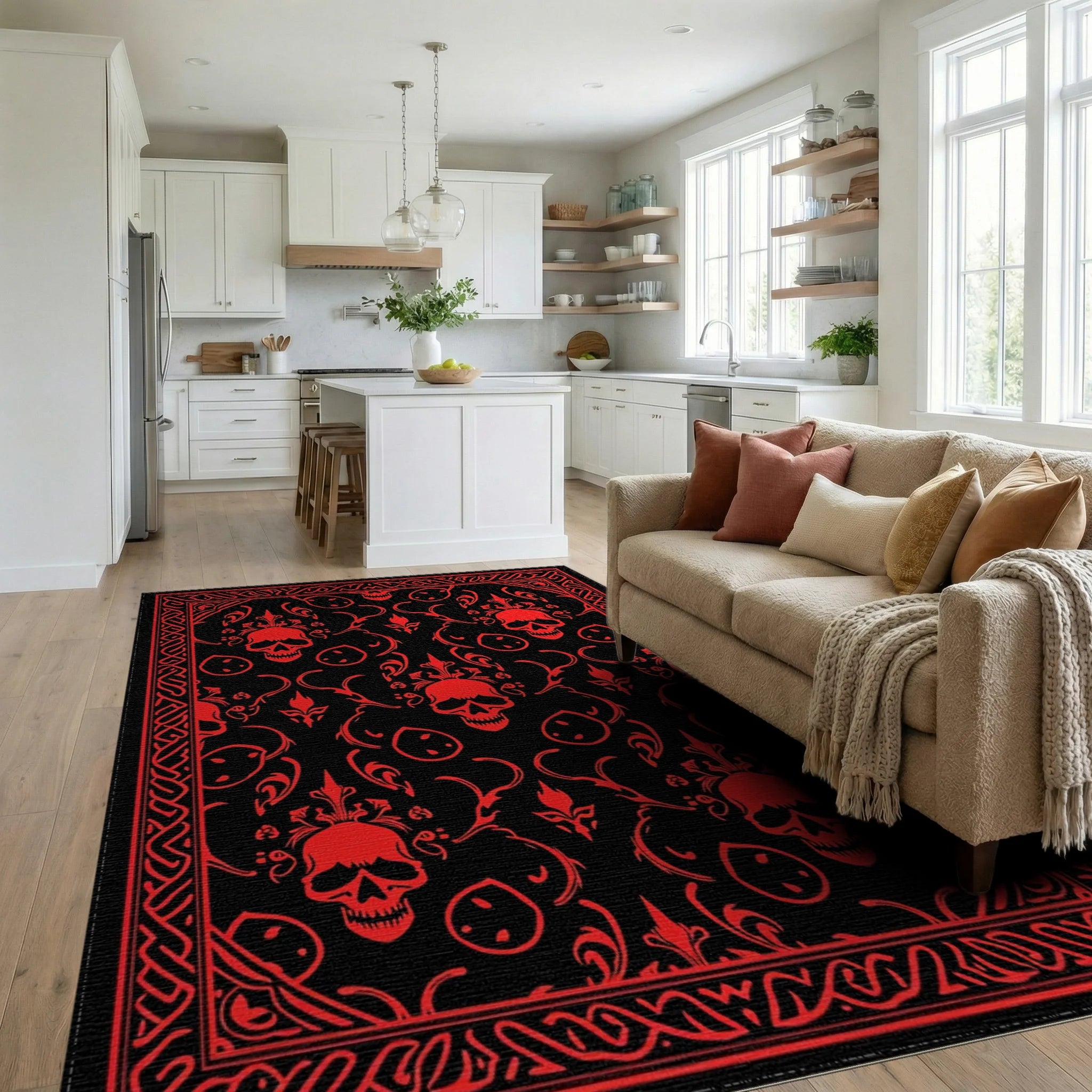 Crimson Skull Floral Damask Border Rug Living Room View