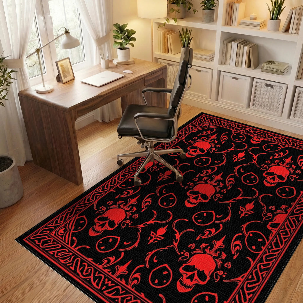 Crimson Skull Floral Damask Border Rug Office View