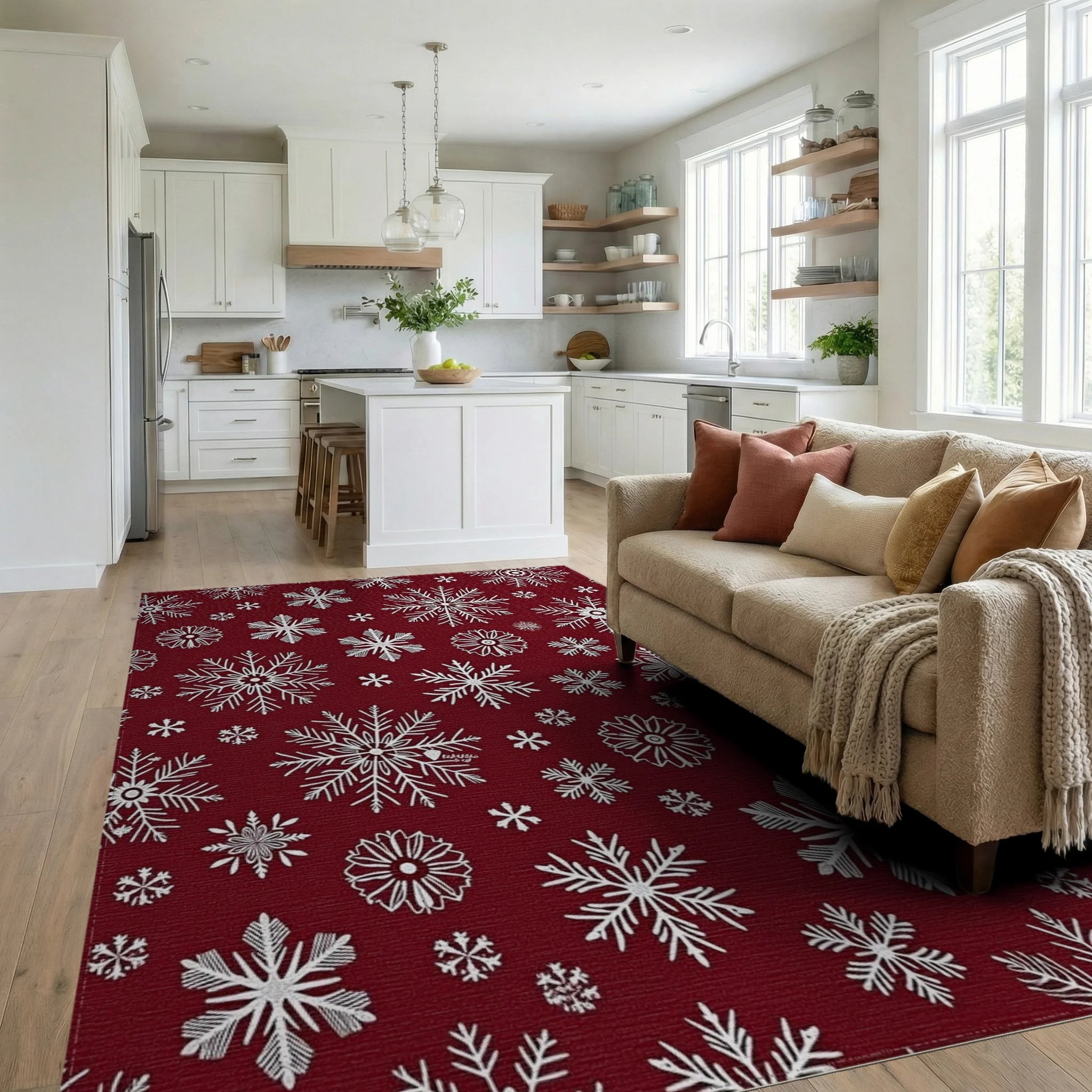 Crimson Snowflake Pattern Design Rug - Living Room View