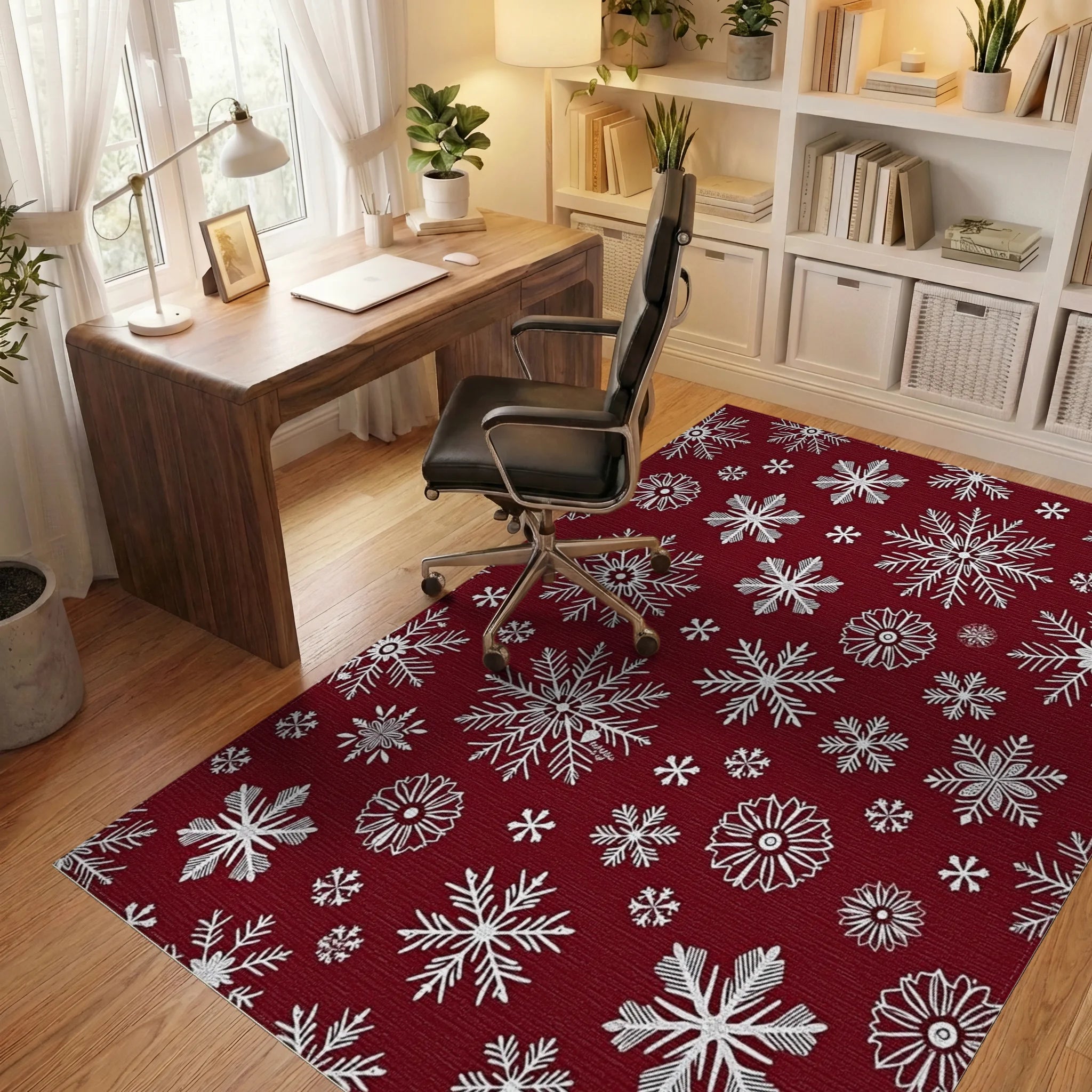 Crimson Snowflake Pattern Design Rug - Office View