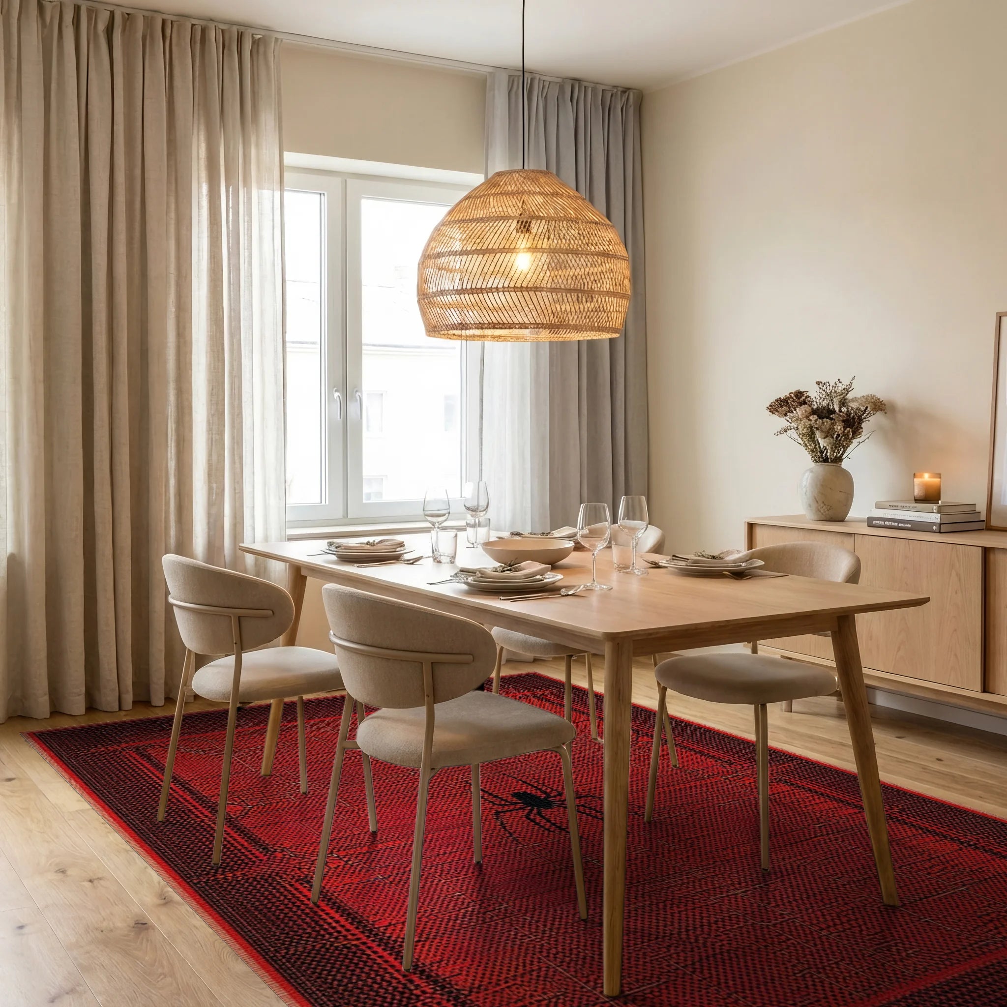 Crimson Spider Web Graphic Rug - Dining Room View