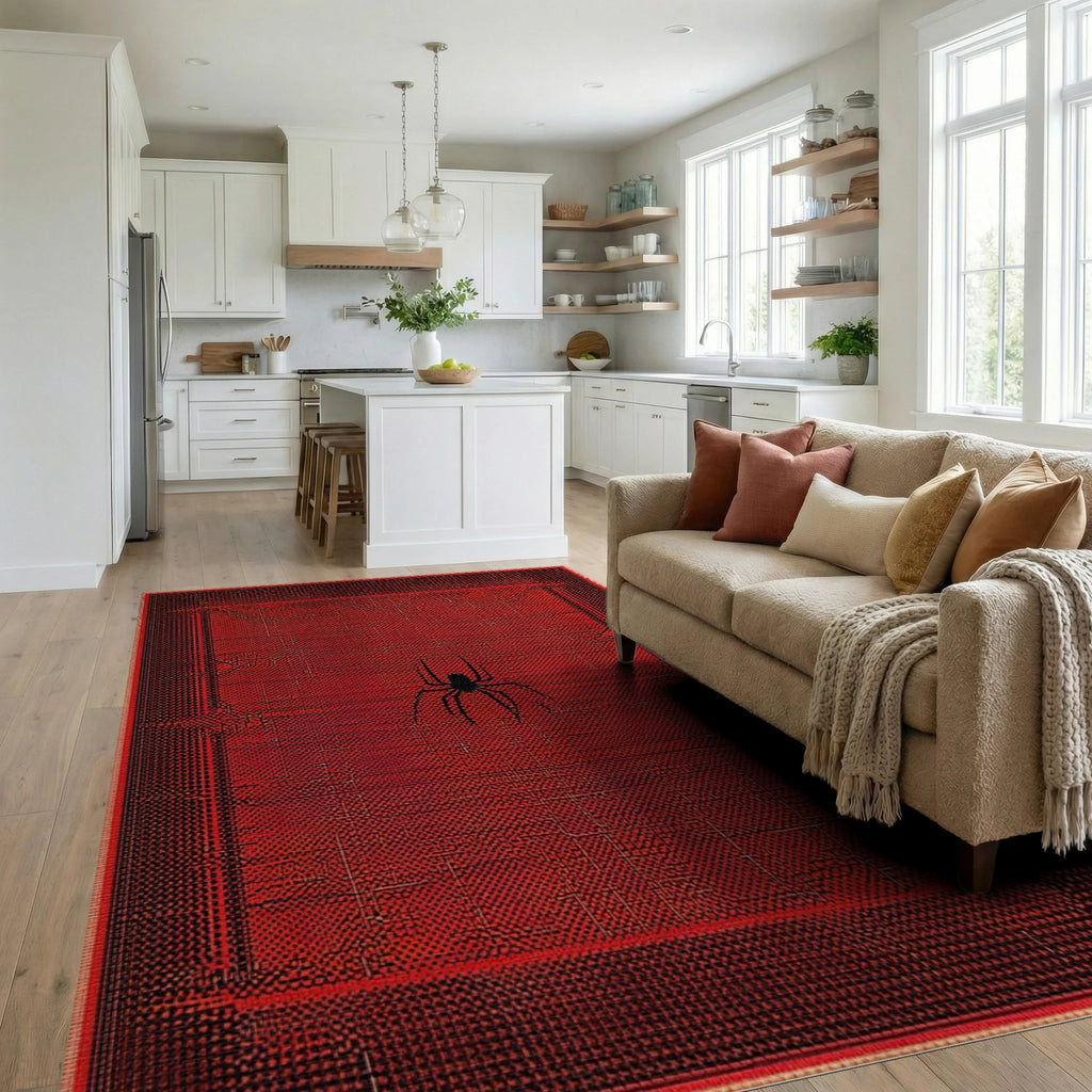 Crimson Spider Web Graphic Rug - Living Room View